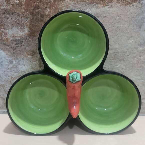 Clay Art Condiment Dish 3 Section Bowl Relish Chili Pepper Jalapeno Center - Picture 3 of 11